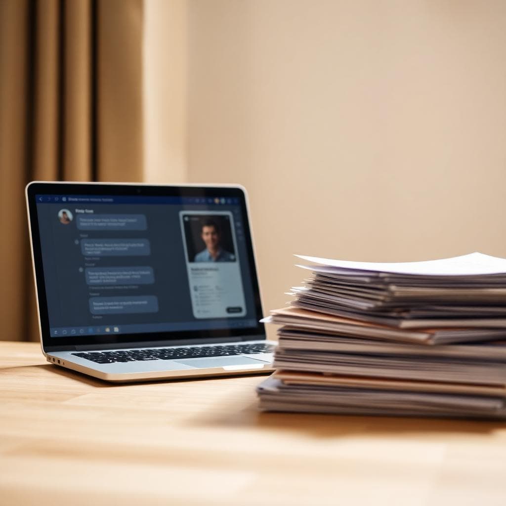 Laptop with an AI chat and a stack of classic market research reports